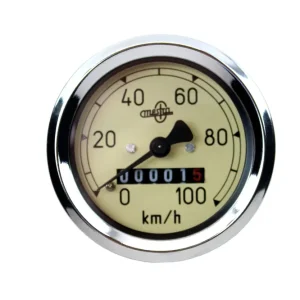 Abverkauf Tachometer MESTRA mit Beleuchtung, Durchmesser 60mm bis 100 Km/h, Tachoring Chrom, Halteklammer + Plastikmutter für MZ RT125 + Pitty, SR56, SR59