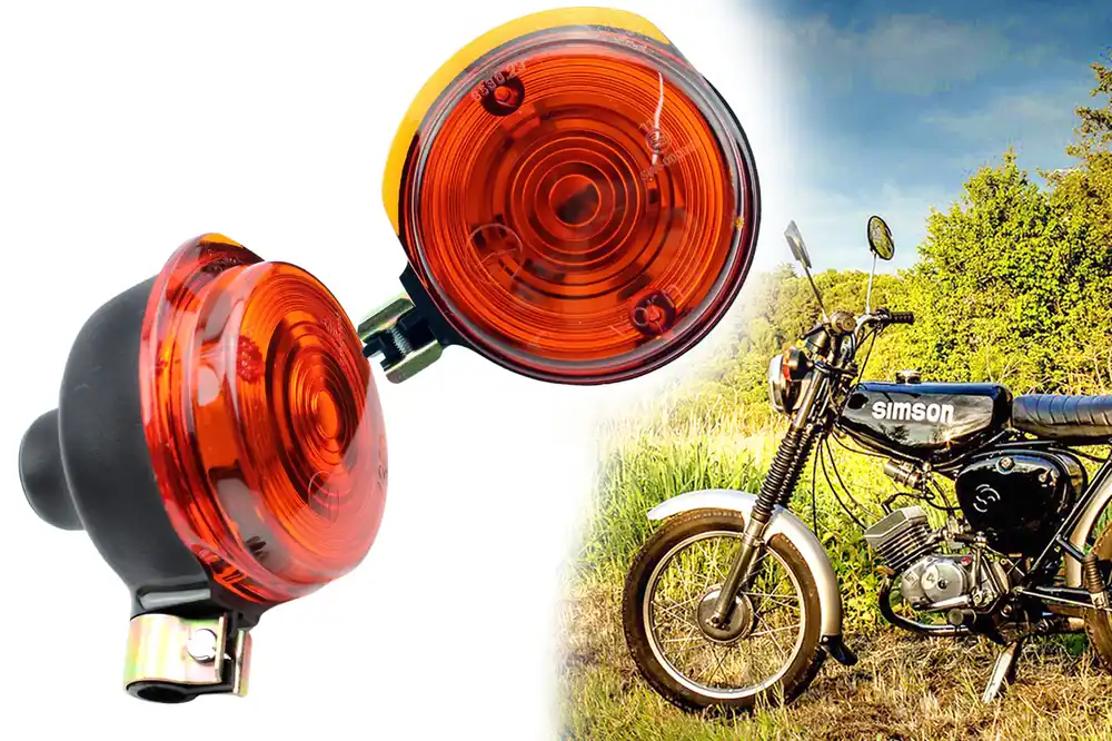 Blinker Set, Blinkleuchten Vorn für Simson S50 S51 S70 SR50 SR80, MZ ETS, TS, ETZ Ø 75mm E-geprüft, Lampenträger schwarz. Lichtaustritt Orange Direkt Vom Hersteller