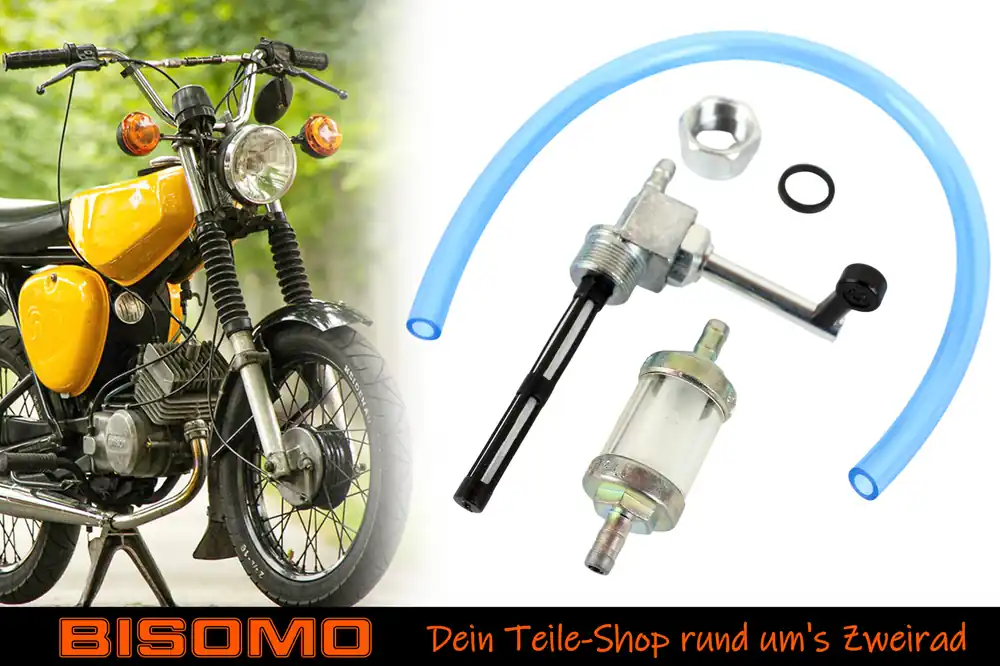 Wochenendangebot Benzinhahn Kraftstoffhahn mit Benzinschlauch + Benzinfilter aus Metall, ohne Wassersack, langer Hebel für Simson KR51 SR50 SR80