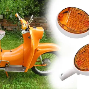 Preis Gesenkt 2x Blinkleuchte Ochsenauge, Blinker mit E-Zeichen für Simson KR51, SR4-2, SR4-3, SR4-4, MZ ES Trophy 175 250, Gehäuse weiß