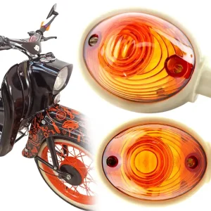 Neuheit 2x Blinkleuchte Ochsenauge, Blinker mit E-Zeichen für Simson KR51, SR4-2, SR4-3, SR4-4, MZ ES, IWL TR150 Troll, Gehäuse Elfenbein, alte Bauform
