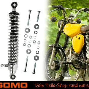 Wochenendangebot [Paket] Paar Stoßdämpfer Federbeine 380mm Feder Chrom + 20-tlg. Schraubenset Befestigung, für Simson S50 S51 S70 S83 und Enduro