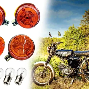 Kostenloser Versand [Paket] Blinker Set rund Orange vorn + hinten Ø 80mm inkl. 4x Glühbirne 12V 21W für Simson S50, S51, S70, SR50, SR80, MZ ETS, TS, ETZ, Lampenträger Schwarz, E-geprüft