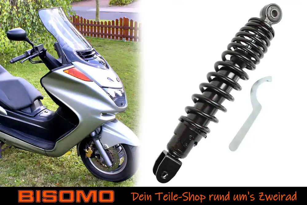 Bestpreis Stoßdämpfer, Federbein 280mm, 5-fach verstellbar, Schwarz für Roller KYMCO Dink Classic und Euro2, M8 x 1,25 inkl. Einstellschlüssel