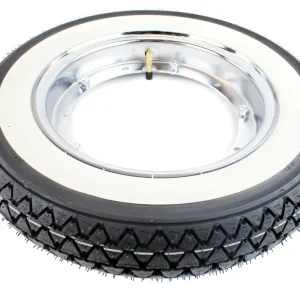 Kostenloser Rückversand Komplettrad mit RMS Stahl Felge 2,10 x 10 Zoll, Farbe Chrom inkl. KENDA Weißwand Reifen 3,50 x 10 Zoll 51J 4PR K333 + Kenda-Schlauch