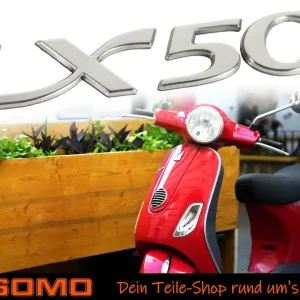 Markenprodukt Aufkleber, Emblem, Schriftzug Logo kompatibel mit Piaggio Vespa LX 50, 85 x 15 x 3mm, Chrom-Optik