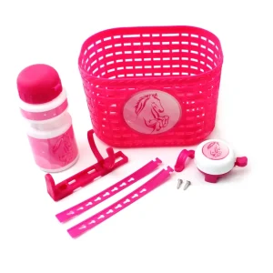 Solange Der Vorrat Reicht Set aus Fahrradkorb Trinkflasche und Klingel für Kinder pink mit Pferd für Laufrad, Dreirad, Fahrrad, Roller