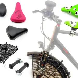 [Paket] Set: Kind auf Herren-Fahrrad: Sattel (Farbauswahl), starre Fußstützen, Speichenschutz, Satteladapter, Kleinteile Sofort Bestellen
