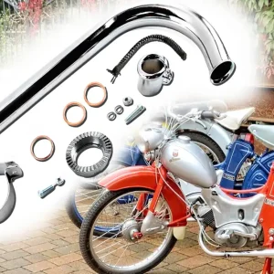 Krümmer Länge 400mm Ø 28mm verchromt für Simson SR1 SR2 mit kurzem Auspuff + 12-teilges Befestigungsset Krümmer-Mutter-Set Schelle Direktkauf
