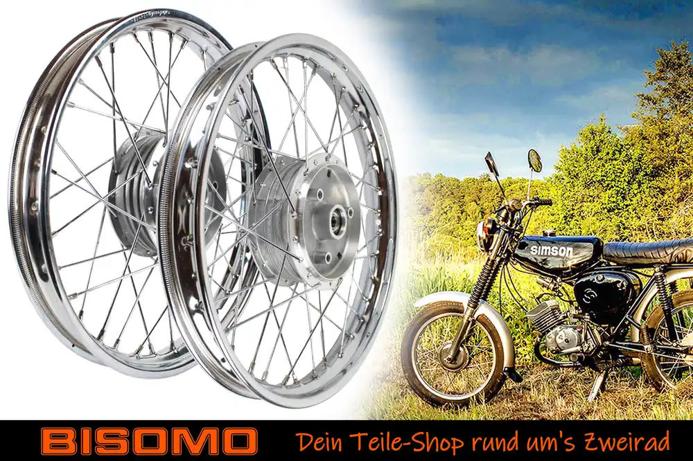 2x Speichenrad 1.50 x 16 Zoll Stahlfelge und Speichen verchromt Simson S50, S51, S70, S53, S83, KR51, SR4 Angebot