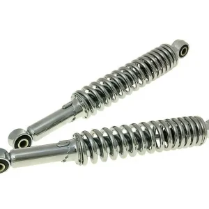 Zertifiziert 2 Stoßdämpfer Federbein Set zum Tieferlegen für Simson - Chrom pulverbeschichtet - 240mm hydraulisch 5-fach verstellbar inkl. Reduzierhülsen