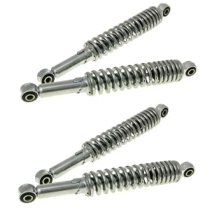 Bestpreis [Paket] Set: 2x Stoßdämpfer Federbein 340mm hinten und 2x 280mm vorn, hydraulisch gedämpft 5-fach härteverstellbar, Farbe Chrom, Simson Vogelserie