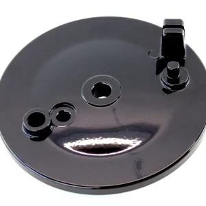 Geprüft Bremsschild schwarz glänzend gepulvert für hinten mit Bohrung für Bremslichtkontakt, Bremszug außen, für Simson KR, KR51/2, S50, S51, S53, S70, S83, SR50, SR80