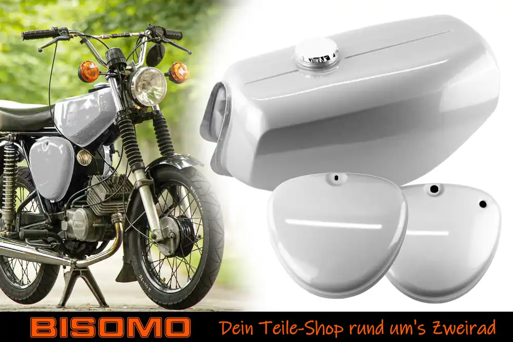 Preisreduziert Tank Benzintank Kraftstofftank + Seitendeckel für Simson S50 S51 S70, Silber lackiert, ohne Wirbel-Logo