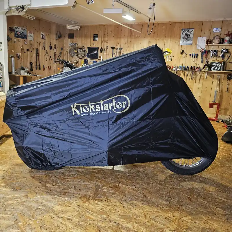 Motorrad-ABDECKHAUBE, schwarz m. KICKSTARTER-Logo Rabatt