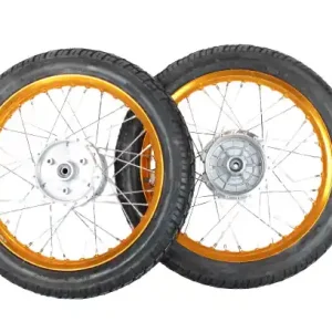 Markenprodukt 2 Kompletträder Alu Felge 1,6 x 16 Zoll orange eloxiert, poliert, Radnabe Alu, Reifen Vee Rubber 43J, montiert, zentriert