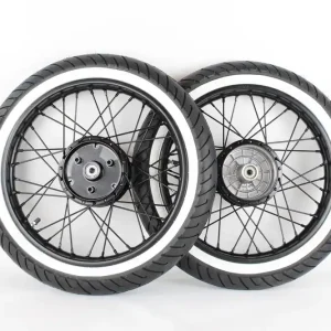 2x Komplettrad 2,75 x 16 Zoll für Simson schwarz matt gepulvert, Speichenrad 1,60 x 16 Zoll Stahlfelge, Nabe, Speichen, Weißwand-Reifen Angebot
