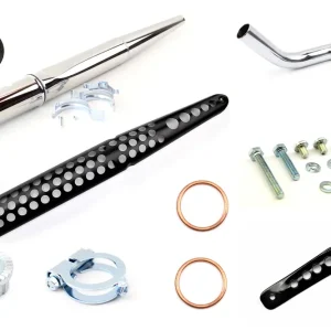[Paket] SET Enduro Auspuff 32mm Durchmesser + Krümmer + Teile + Hitzeschutz + Haltestrebe kurz für Simson S51, S53, S70, S83 Ausverkauf