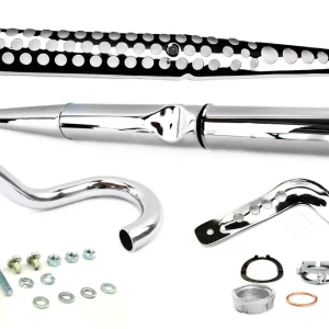 Expressversand [Paket] Auspuff SET Ø 28 inklusive Krümmer, Krümmermutter-Set, Hitzeschutz, Auspuffstrebe und Normteile verchromt für Simson S51, S53, S70, S83 Enduro