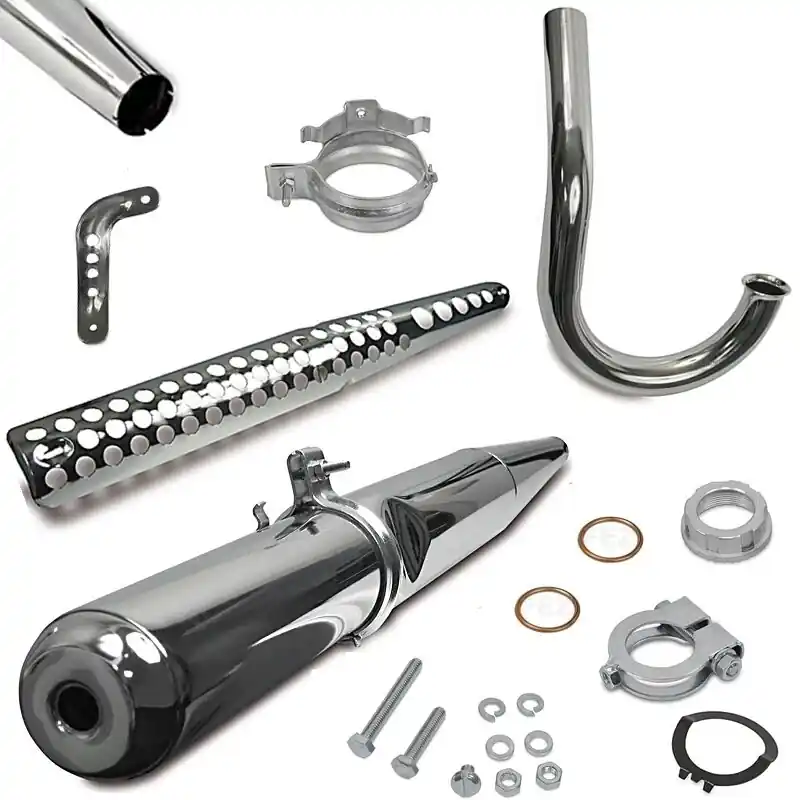 [Paket] Auspuff SET Ø 28 mit Krümmer, Hitzeschutz, Haltestrebe verchromt für Simson S51, S53, S70, S83 Enduro Neu Im Sortiment