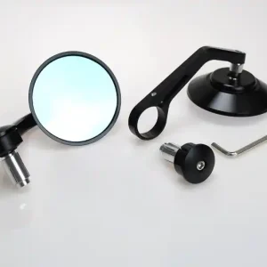 Preiswert 2 round handlebar end mirrors, blue glass, CNC aluminum, black anodized