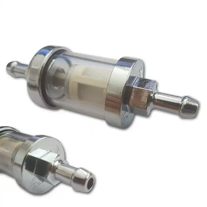 Gratis Versand Benzinfilter 5/16" 8mm | Ø26mm | rund | Chrom/Glas