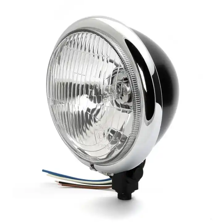5 3/4" Bates Style Headlight Black/Chrome Bottom Mount, ECE Meistverkauft