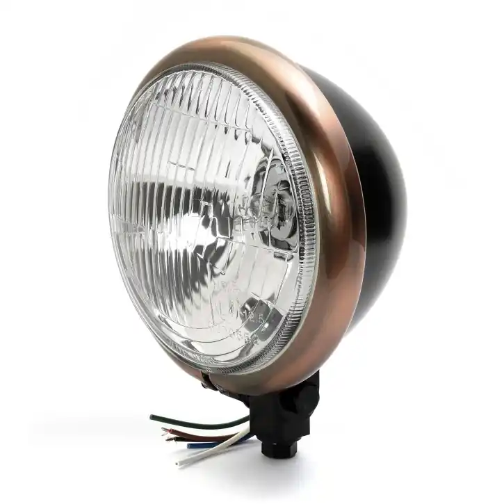 Saisonangebot 5 3/4" Bates Style Scheinwerfer Schwarz/Kupfer Bottom Mount geripptes Glas, ECE