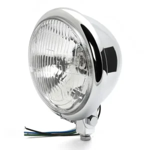 Must-Have 5 3/4" chromed headlight with bottom mount and E-mark. Inclusive H4 12V 60/55W bulb and parking light